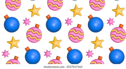 Christmas seamless pattern with inflated 3D toys in y2k style. Christmas balls and stars with reflective plastic texture.