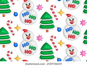 Christmas seamless pattern with inflated 3D toys in y2k style. Christmas tree, striped candy cane, stars and snowman with reflective plastic texture.