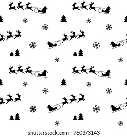 Christmas seamless pattern isolated on white nackground. Black Santa Claus sleigh silhouette with Christmas trees and snowflakes. 