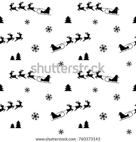 Christmas seamless pattern isolated on white nackground. Black Santa Claus sleigh silhouette with Christmas trees and snowflakes. 