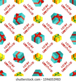 Christmas seamless pattern with isometric gift boxes and festive lettering for greeting cards, invitation, banners, wallpapers, fabric design.