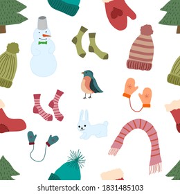 Christmas seamless pattern with Christmas items.Socks mittens boots and Christmas trees and a snowman on a white background.Flat vector illustration.