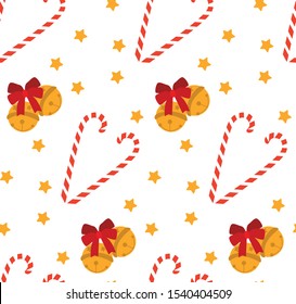 Christmas seamless pattern. Jingle bells, sweets, stars. Vector.