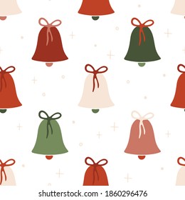 Patrón de Navidad sin fisuras con campanas de jingle. Patrón vector dibujado a mano con campanas para el diseño decorativo. Papel de escritorio, papel de embalaje y textiles. Fondo del vector
