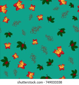 Christmas seamless pattern with jingle bells, holly leaves and merry christmas lettering on green background, vector illustration