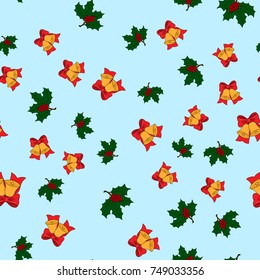 Christmas seamless pattern with jingle bells, and holly leaves on light blue background, vector illustration