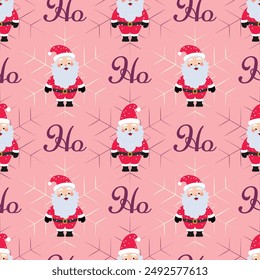 Christmas seamless pattern with jolly santa claus cartoon characters, snowflake and ho ho ho sign on pink background. 