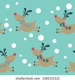 Christmas seamless pattern jumping  reindeer with scarf anf snow balls on blue background. Vector ilolustration.