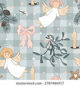 Christmas seamless pattern with kawaii angels, mistletoe, candles, and pine branches on gingham background. Vector hand drawn print