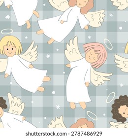 Christmas seamless pattern with kawaii angels on gingham background. Vector checkered plaid and cute angels hand drawn print.
