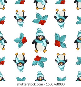 Christmas seamless pattern with kawaii cute penguin, polar bird and holly plant, cartoon character dressed in hat and scarf, texture for textile, scrapbook, wrapping paper, new year decoration vector