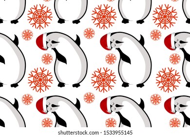 Christmas seamless pattern with kawaii cute penguin, cartoon character wearing a hat and scarf, textures for textiles, scrapbook, wrapping paper, new year decoration vector