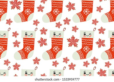 Christmas seamless pattern with kawaii cute christmas sock. cartoon character, texture for textile, scrapbook, wrapping paper, new year decoration vector