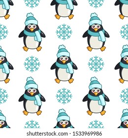 Christmas seamless pattern with kawaii cute penguin  bird, snowflake, cartoon character in hat and scarf, endless texture for textile, scrapbook, wrapping paper, cute new year decoration - vector