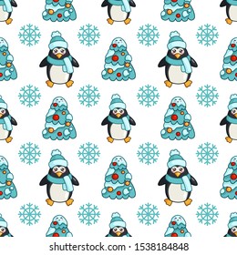 Christmas seamless pattern with kawaii cute penguin  bird, snowflake, christmas tree, cartoon character in hat, texture for textile, scrapbook, wrapping paper, cute new year decoration - vector