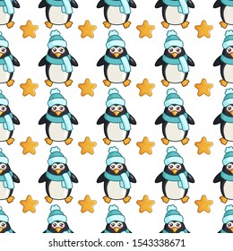 Christmas seamless pattern with kawaii cute penguin bird, stars, dots, cartoon character dressed in hat and scarf, endless texture for textile, scrapbook, wrapping paper, new year decoration - vector