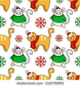 Christmas seamless pattern with kawaii fat mouse - sumbol of 2020 - and cute cat in santa hat, snowflakes. Endless texture for textile, scrapbook or wrapping paper, new year decoration - vector