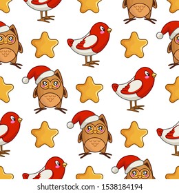 Christmas seamless pattern with kawaii little bird bullfinch and forest owl in santa hat, stars, endless texture for print, textile, scrapbook, wrapping paper, new year background - vector