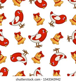Christmas seamless pattern with kawaii little bird bullfinch and golden jingle bell with red ribbon, bow, endless texture for print, textile, scrapbook, wrapping paper, new year background - vector