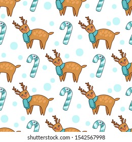 Christmas seamless pattern with kawaii reindeer in blue scarf, candy cane or sweet lollipop and dots. Cute winter animal. Texture for textile, scrapbook or wrapping paper, new year decoration - vector