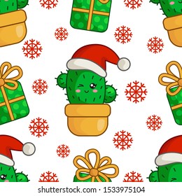 Christmas seamless pattern with kawaii smiling cactus or succulent in santa hat, gift box, snowflakes. Endless texture for textile, scrapbook or wrapping paper, cute new year decoration - vector