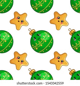 Christmas seamless pattern with kawaii smiling christmas decorative green glass balls and stars, endless texture for print, textile, scrapbook or wrapping paper, new year background - vector
