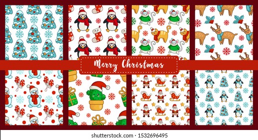 Christmas seamless pattern - kawaii snowman, cat, mouse or rat, pine tree, cactus, santa claus, penguin, reindeer. New year texture or background for textile, scrapbook, wrapping paper - vector