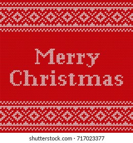 Christmas seamless pattern. Knit design. Vector Xmas and New year red background. Knitted winter texture with text Merry Christmas