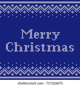 Christmas seamless pattern. Knit design. Vector Xmas and New year blue background. Knitted winter texture with text Merry Christmas