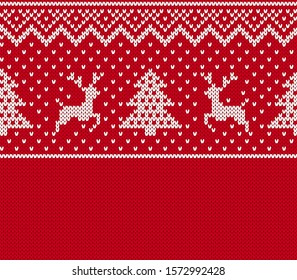 Christmas seamless pattern. Knit print with deers, trees. Vector. Knitted red sweater background. Festive xmas winter texture. Holiday fair traditional ornament. Wool pullover illustration.