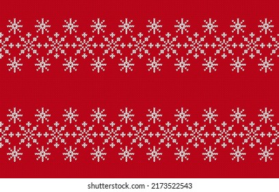 Christmas seamless pattern. Knit print. Red knitted pullover background. Xmas winter texture with snowflakes. Holiday fair isle traditional ornament. Wool sweater. Vector illustration.