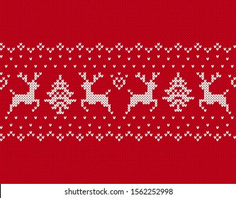 Christmas Seamless Pattern. Knit Texture With Deers, Trees. Vector. Knitted Red Sweater Background. Holiday Fair Traditional Ornament. Festive Xmas Winter Print. Wool Pullover Illustration.