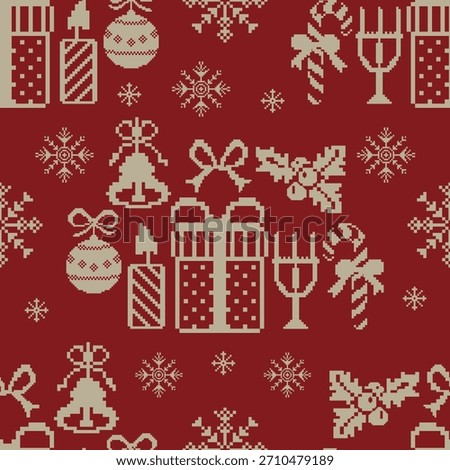 Christmas seamless pattern and Knited cross stich vector illustration featuring Christmas Elament winter snowflakes, and gold tree ornaments for a festive holiday celebration