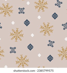 Christmas seamless pattern with knitted elements. Scandinavian embroidery print. Knitted snowflakes cover patterns. Ukrainian ornament