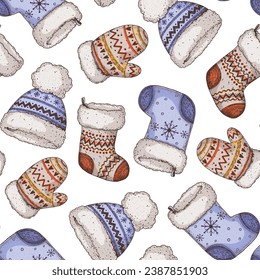 Christmas seamless pattern with knitted mittens, socks and hats. Hand drawn vector illustration.