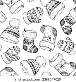 Christmas seamless pattern with knitted mittens, socks and hats. Hand drawn vector illustration.