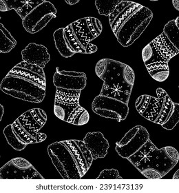 Christmas seamless pattern with knitted mittens, socks and hats. Hand drawn vector illustration.
