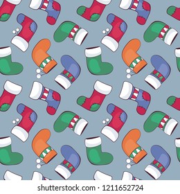 Christmas seamless pattern with knitted socks. Childhood vector background in cartoon style.