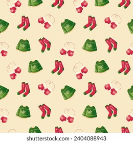 Christmas seamless pattern with knitted winter clothing, sweater, warm mittens, gloves, christmas stockings, snowflakes. Vector seamless background