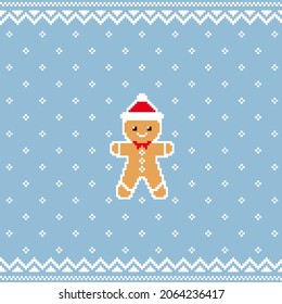 Christmas seamless pattern for knitting or embroidery with pixel gingerbread man in Santa’s hat. Vector illustration