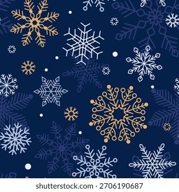 Weihnachten nahtloses Muster mit weißen, gelben und blauen Schneeflocken auf marineblauem Hintergrund. Flache Vektorgrafik. Ideal für Umschlag, Tapete, Hintergrund, Textil, Stoff, Scrapbooking