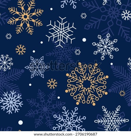 Christmas seamless pattern with lacy white, yellow and blue snowflakes on navy backdrop. Flat vector illustration. Ideal for cover, wrapper, wallpaper, background, textile, fabric, scrapbooking