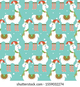 Christmas seamless pattern with lamas in socks and snowflakes on blue background. Vector illustration. 