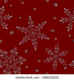 Christmas seamless pattern of large complex translucent snowflakes in light blue colors on red background. Transparency only in vector format