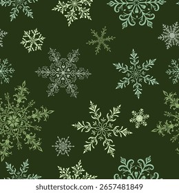 Navidades sin patrón con Grandes copos de nieve intrincados en varios diseños, blanco sobre fondo verde oscuro.