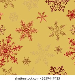 Navidades sin patrón con Grandes copos de nieve intrincados en varios diseños, de color sobre fondo amarillo.