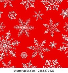 Christmas seamless pattern with large intricate snowflakes in various designs, white on red background.