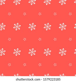 Christmas seamless pattern with large snowflakes and stars on red background. Vector illustration. Winter pattern. For web, wrapping paper, scrapbooking, for printing on clothes, textile, package.