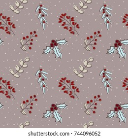 Christmas seamless pattern leave, Christmas branch tree for holly jolly celebration, decorated wallpaper scrapbook wrapping paper for season greeting in brown, red and brown gray background.