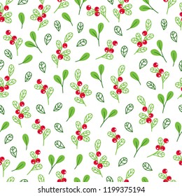 Christmas seamless pattern with leaves and berries on white background. Perfect for holiday invitations, winter greeting cards, wallpaper and gift paper 